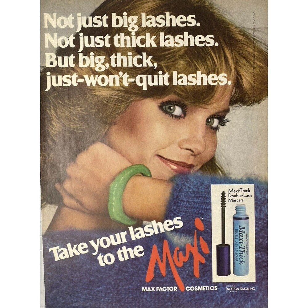 Max Factor Maxi-Thick Double-Lash Mascara "Lashes to the Maxi" Vtg Print Ad 1981